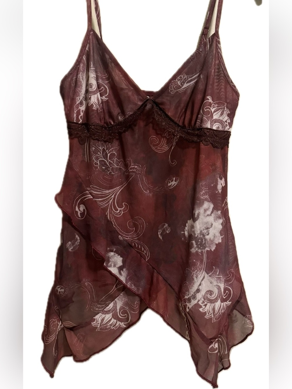 Sheer Floral Lace Trim Chemise - Burgundy